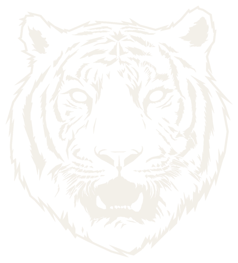 Teton Tiger logo: a line-drawn tiger head, facing forward with its mouth open